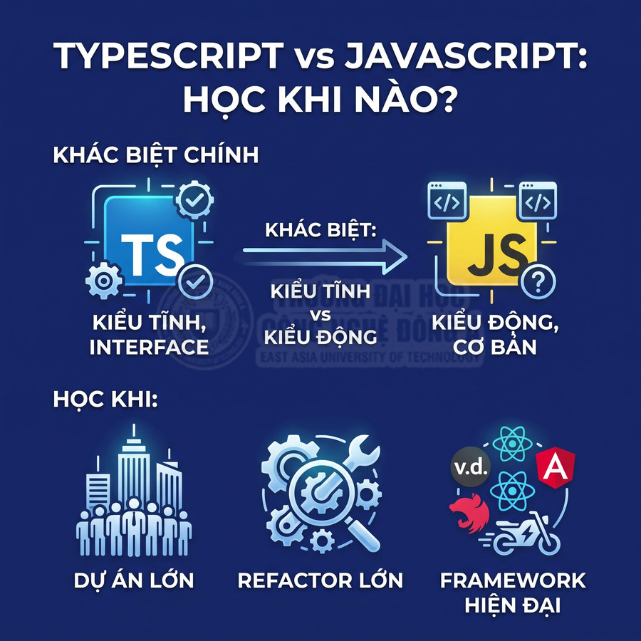So sánh TypeScript và JavaScript, khác biệt kiểu tĩnh và kiểu động, gợi ý học cho dự án lớn và framework hiện đại