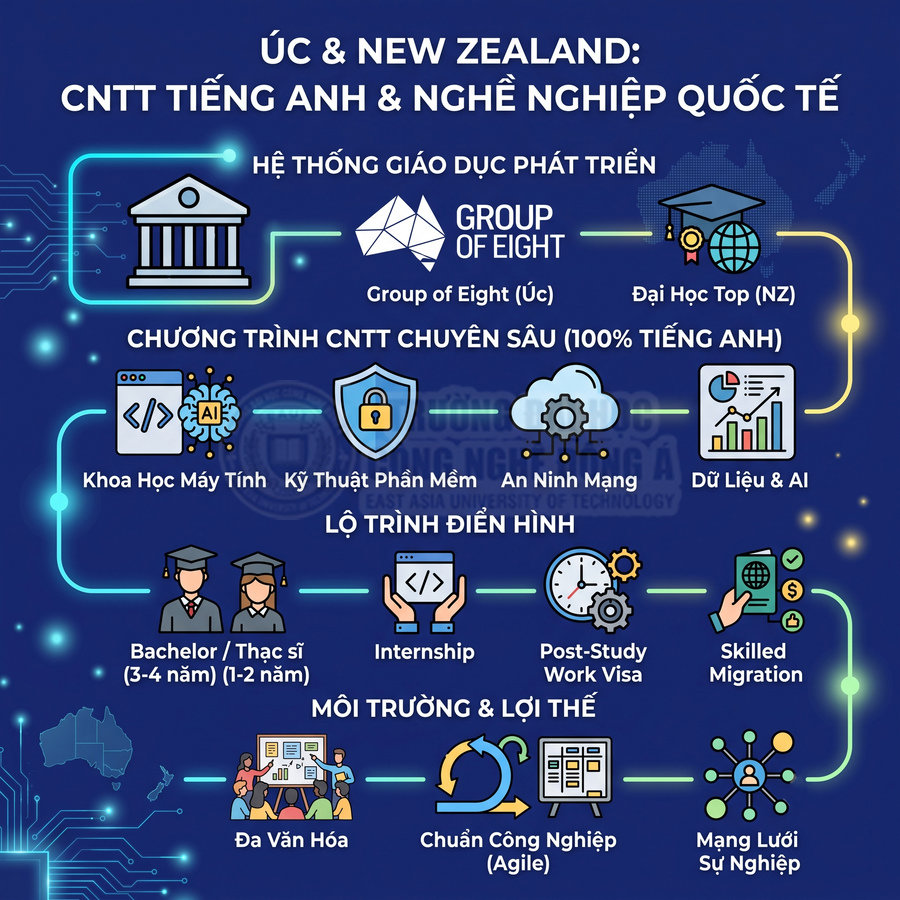 Infographic du học Úc và New Zealand ngành CNTT tiếng Anh, lộ trình học tập, visa và cơ hội nghề nghiệp quốc tế