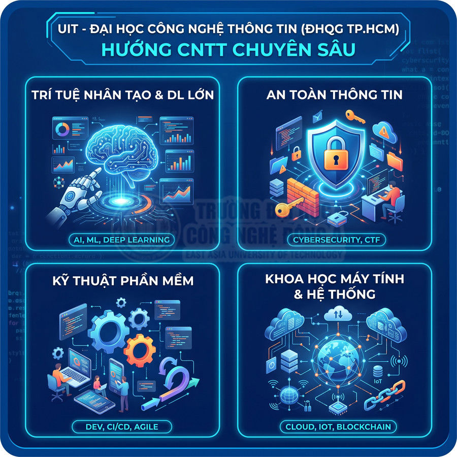 Poster giới thiệu các hướng học CNTT chuyên sâu tại UIT gồm AI, an toàn thông tin, kỹ thuật phần mềm, khoa học máy tính
