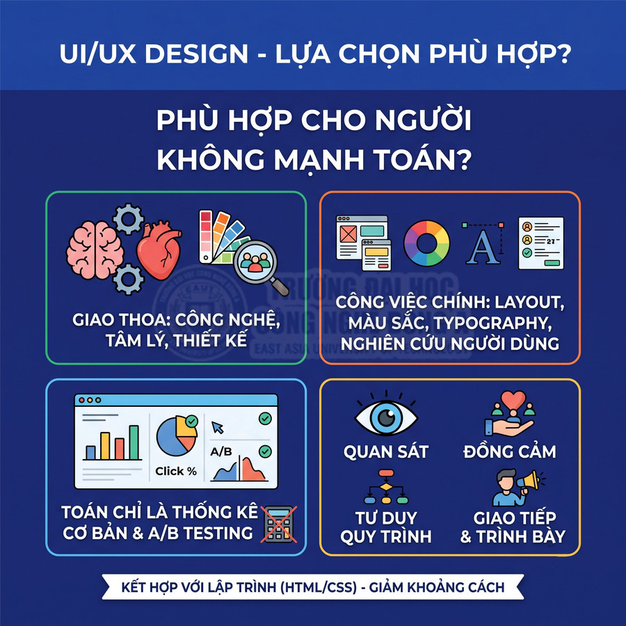 Infographic giới thiệu ngành UI UX Design phù hợp cho người không giỏi toán và kỹ năng cần có