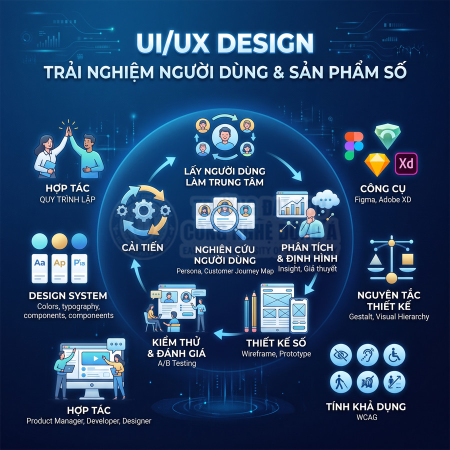 Quy trình thiết kế UI UX với các bước nghiên cứu người dùng, phân tích, thiết kế số, kiểm thử và công cụ Figma Adobe XD