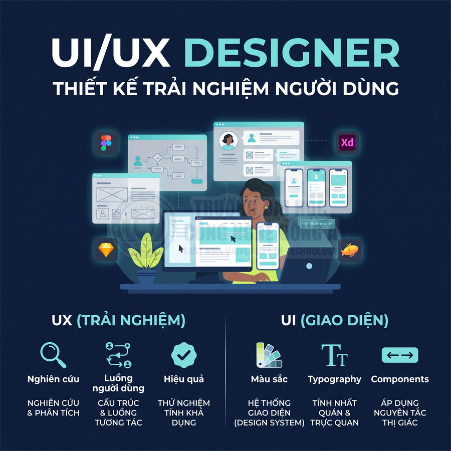Minh họa UI UX Designer với màn hình máy tính hiển thị giao diện, quy trình nghiên cứu và thiết kế trải nghiệm người dùng