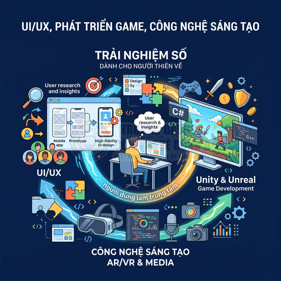 Minh họa trải nghiệm số với UI UX, phát triển game Unity Unreal, công nghệ sáng tạo AR VR và media