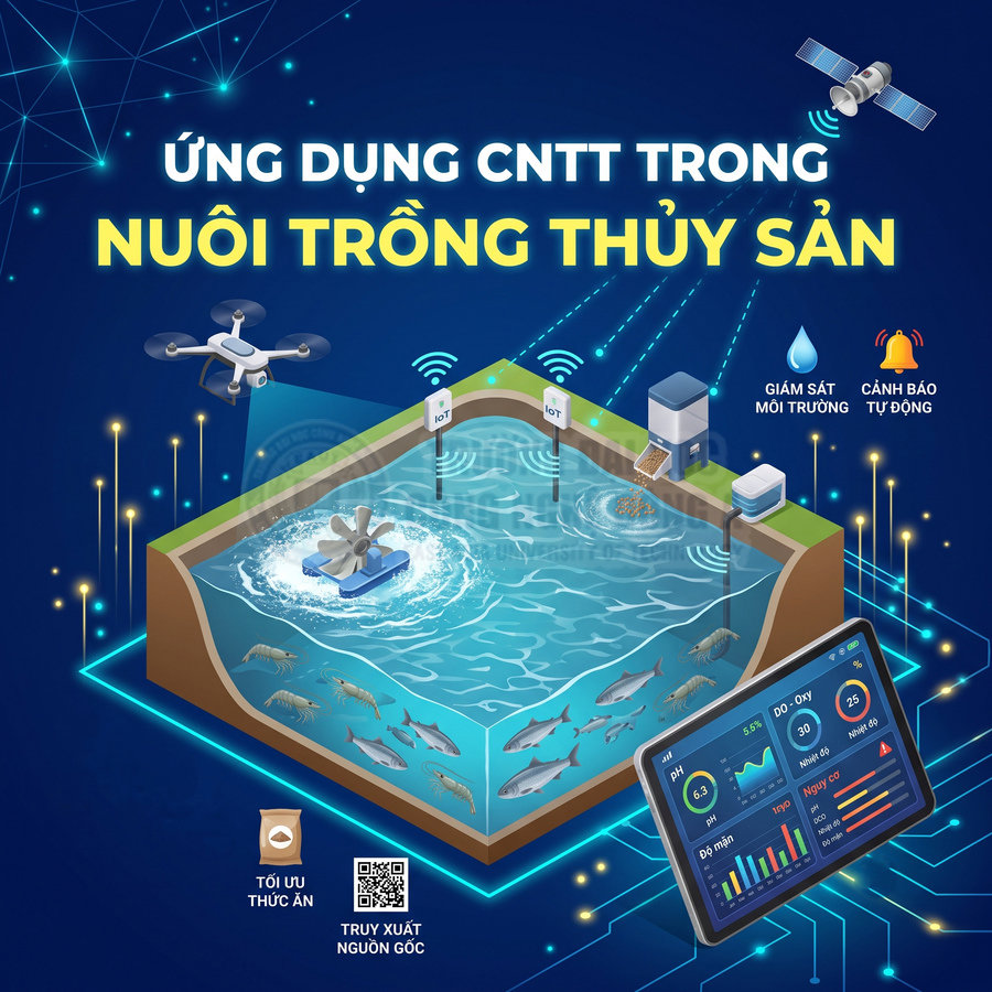 Hệ thống nuôi thủy sản thông minh với cảm biến IoT, máy cho ăn tự động và bảng điều khiển giám sát ao nuôi