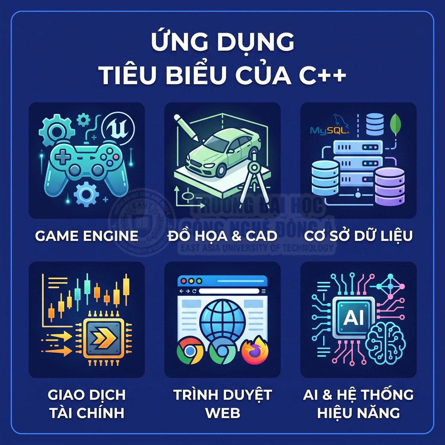 Ứng dụng tiêu biểu của C++ trong game engine, đồ họa CAD, cơ sở dữ liệu, tài chính, trình duyệt web và AI