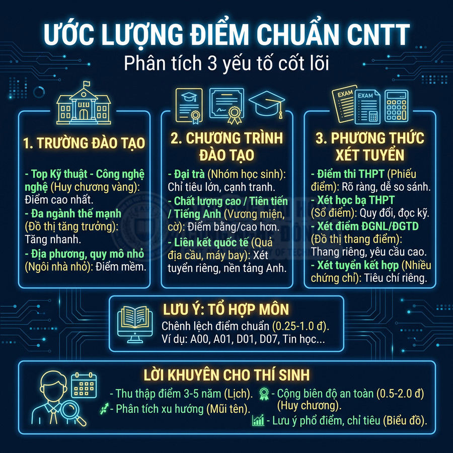 Infographic ước lượng điểm chuẩn ngành CNTT với 3 yếu tố cốt lõi và lời khuyên cho thí sinh
