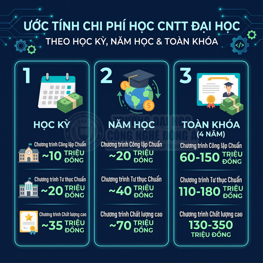 Infographic ước tính chi phí học đại học ngành CNTT theo học kỳ, năm học và toàn khóa 4 năm