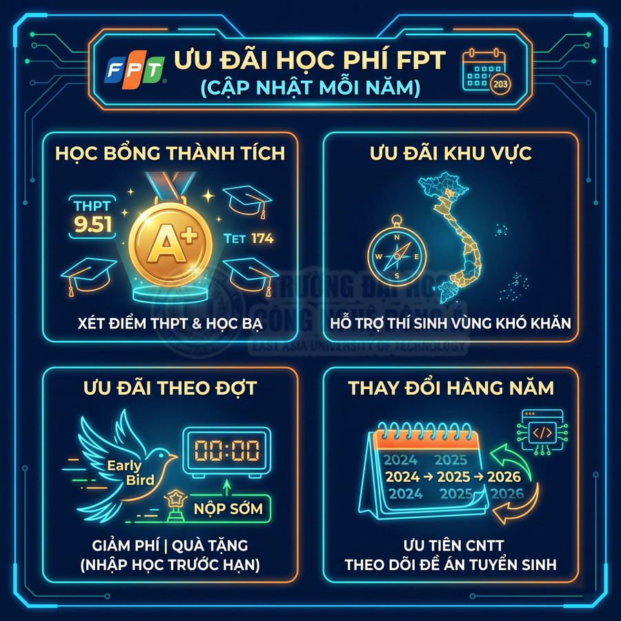 Ưu đãi học phí FPT với học bổng thành tích, ưu đãi khu vực, ưu đãi nộp sớm và chính sách thay đổi hàng năm