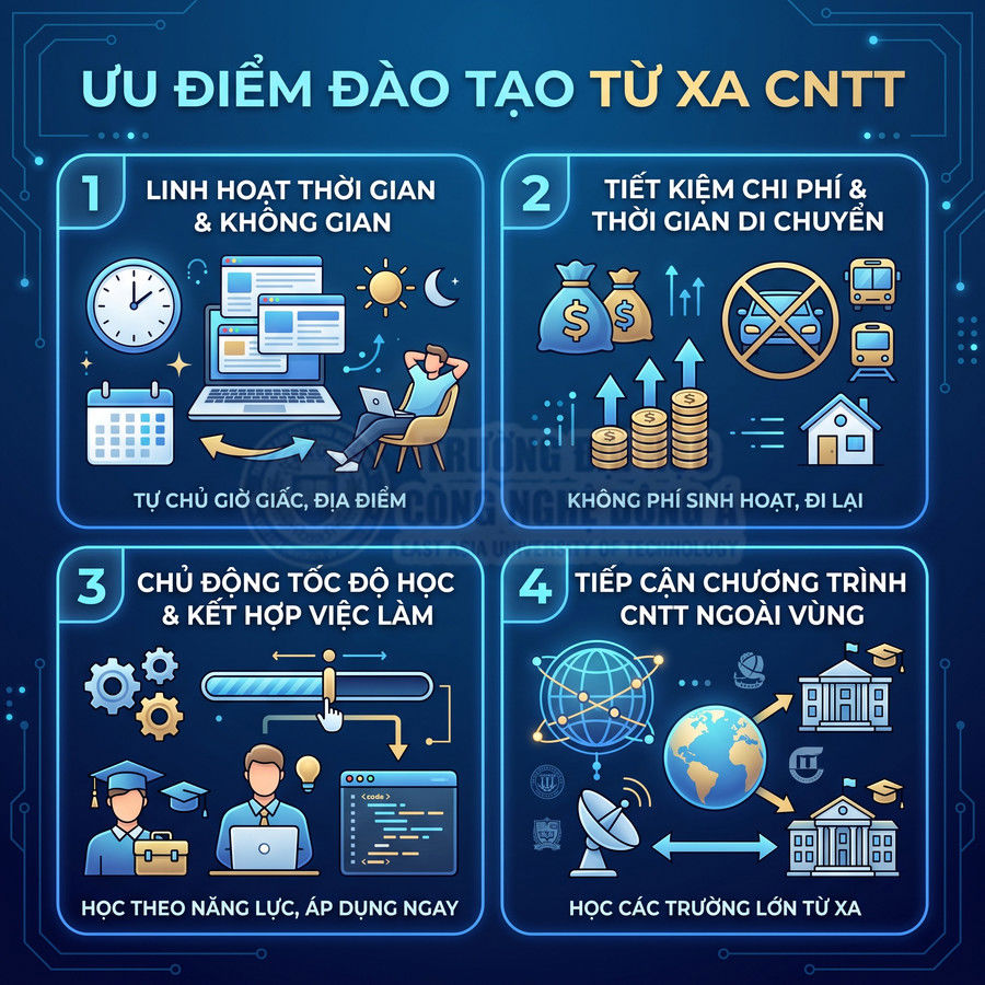 Ưu điểm đào tạo từ xa CNTT với 4 lợi ích về thời gian, chi phí, tốc độ học và tiếp cận chương trình ngoài vùng