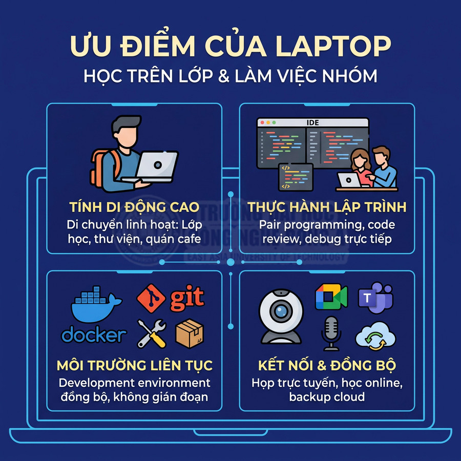 Ưu điểm của laptop cho học trên lớp và làm việc nhóm, hỗ trợ lập trình, môi trường dev, họp online và đồng bộ dữ liệu