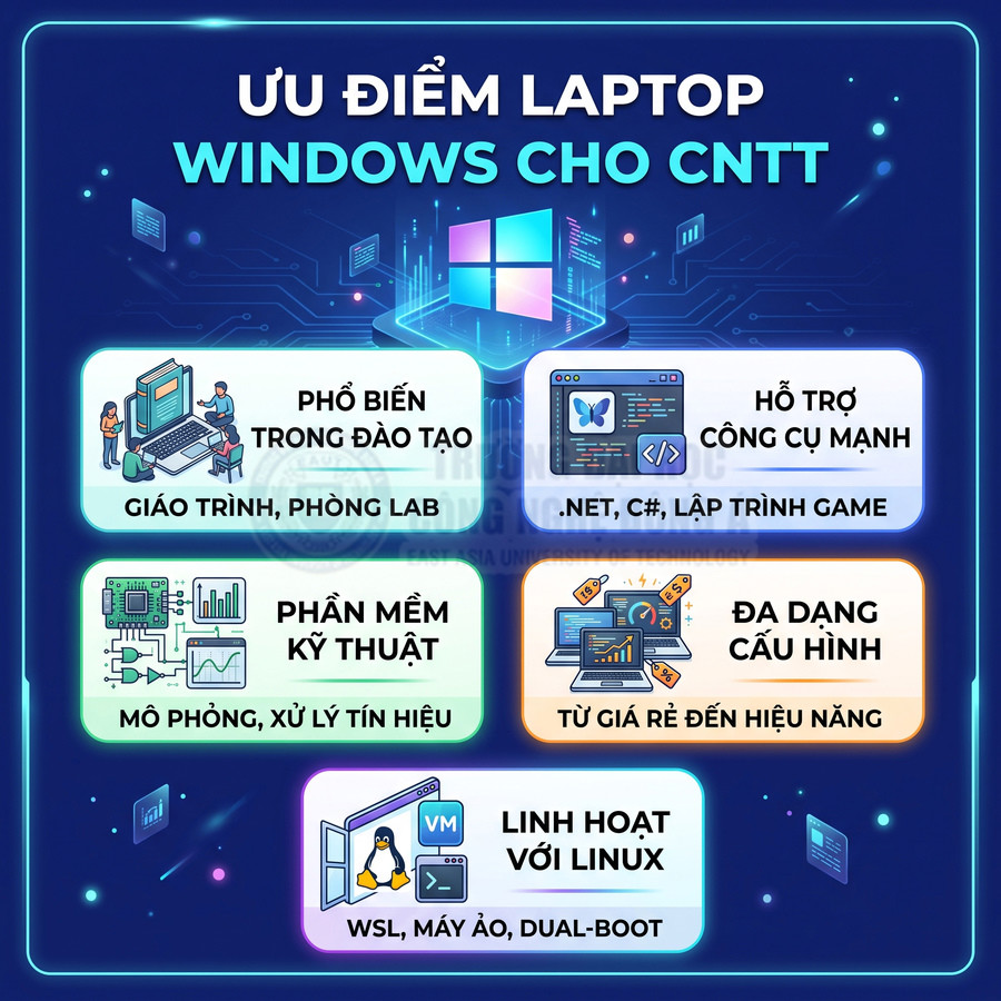 Ưu điểm laptop Windows cho sinh viên CNTT với công cụ lập trình, phần mềm kỹ thuật và cấu hình đa dạng