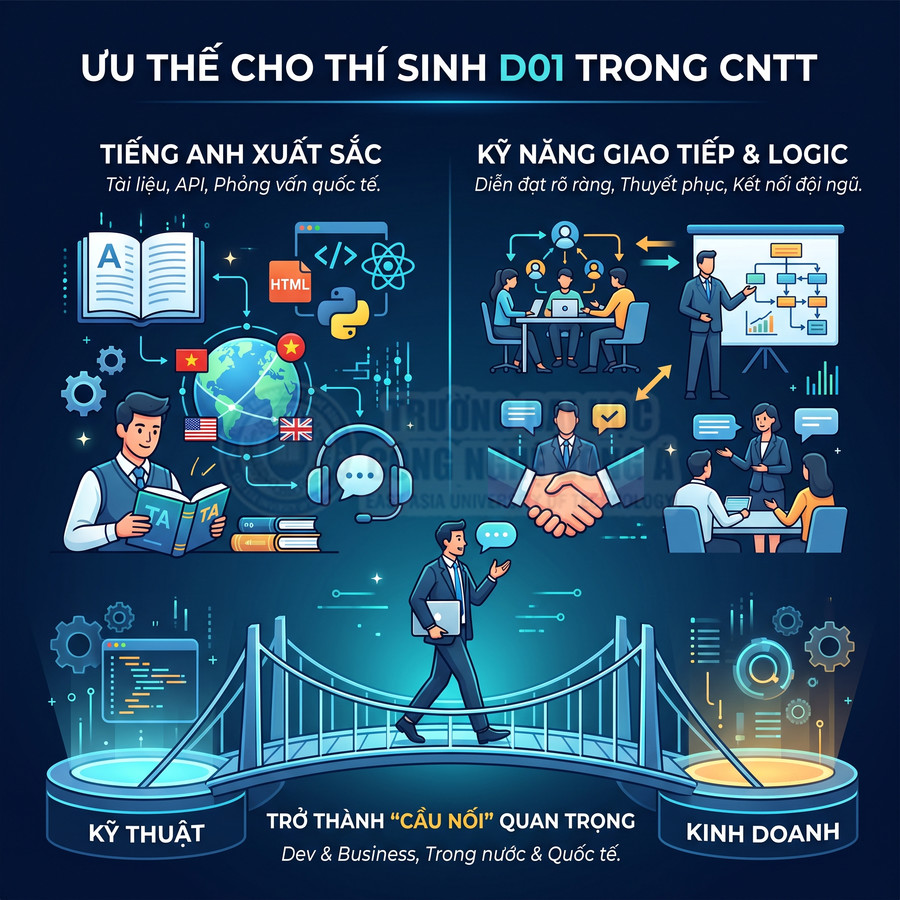 Infographic ưu thế thí sinh D01 ngành CNTT với tiếng Anh, kỹ năng giao tiếp, kỹ thuật và kinh doanh làm cầu nối Dev Business