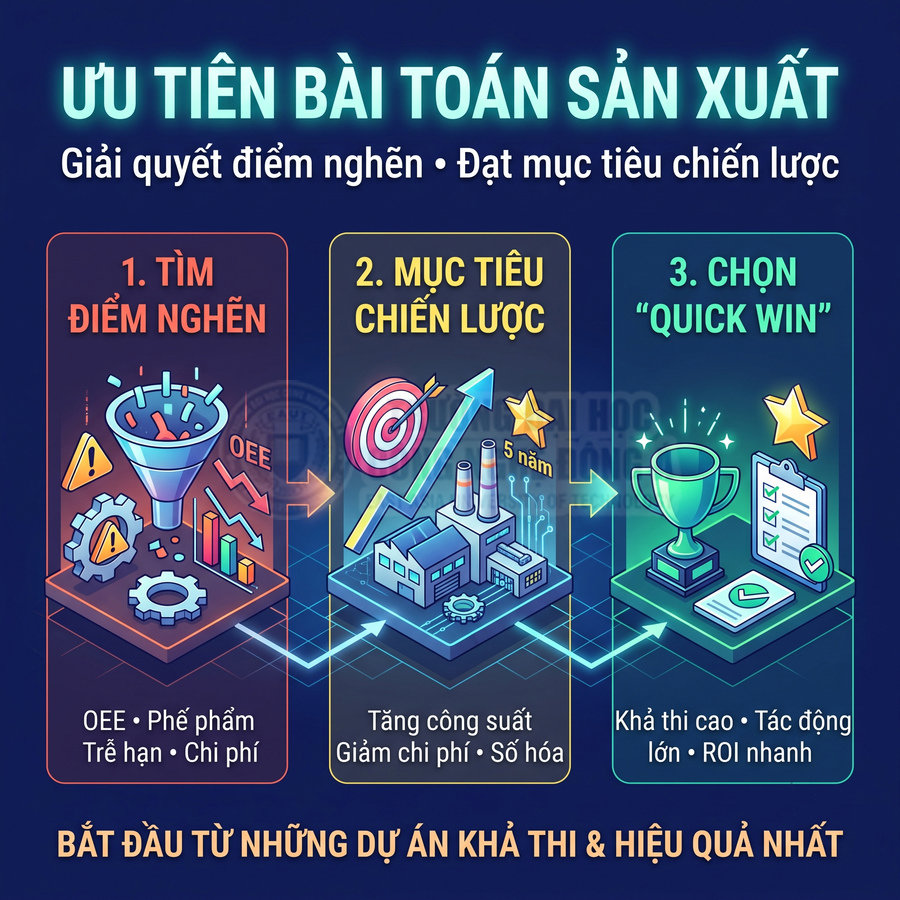 Minh họa ba bước ưu tiên bài toán sản xuất: tìm điểm nghẽn, đặt mục tiêu chiến lược và chọn giải pháp quick win.