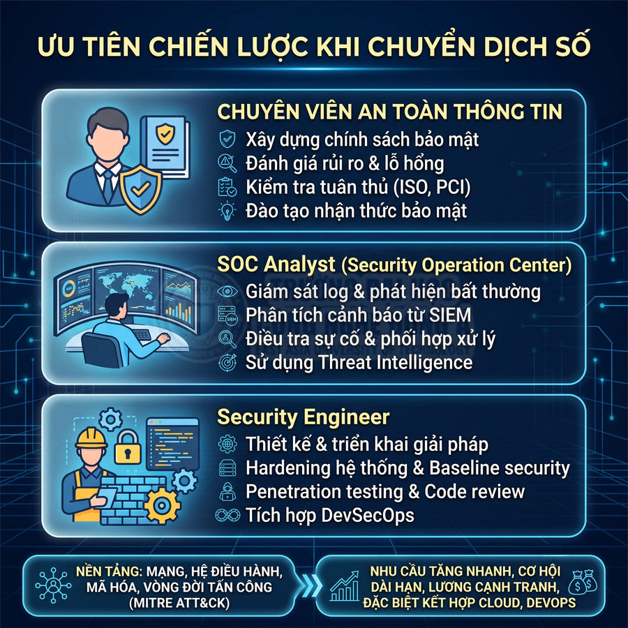 Infographic mô tả các vai trò an ninh mạng: chuyên viên an toàn thông tin, SOC Analyst và Security Engineer trong chuyển dịch số
