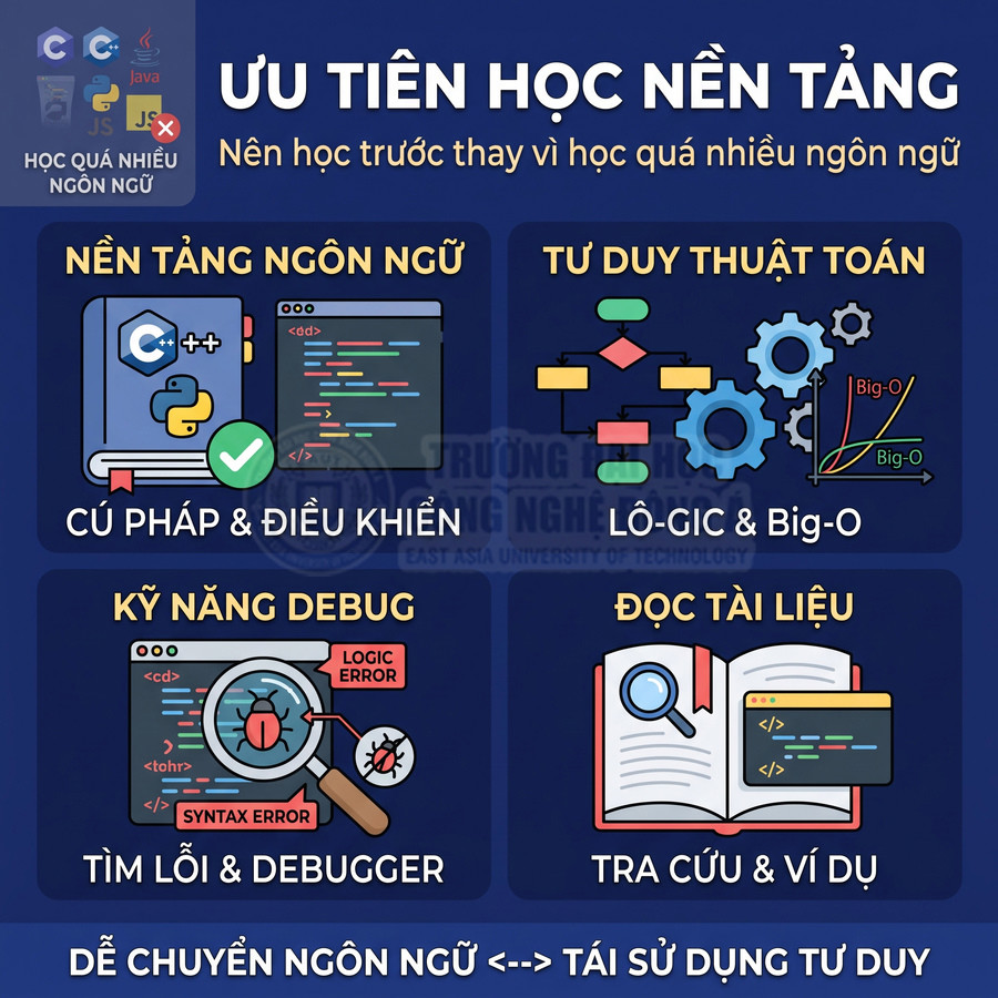 Infographic ưu tiên học nền tảng lập trình: cú pháp, tư duy thuật toán, kỹ năng debug và đọc tài liệu cho người mới học
