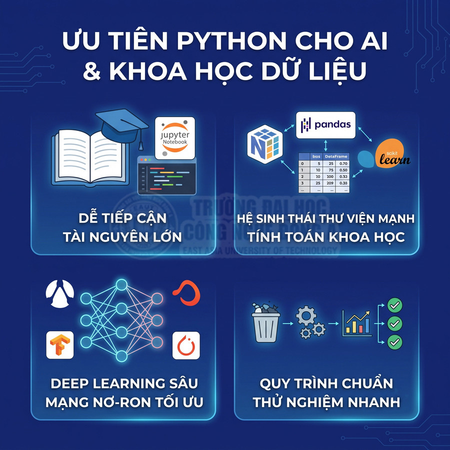 Ưu điểm Python cho AI và khoa học dữ liệu với Jupyter, Pandas, Scikit Learn, deep learning và quy trình thử nghiệm nhanh
