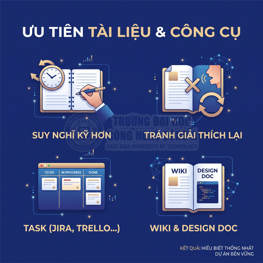 Minh họa ưu tiên tài liệu và công cụ với sổ tay, bảng task JIRA Trello, wiki và design doc trên nền xanh
