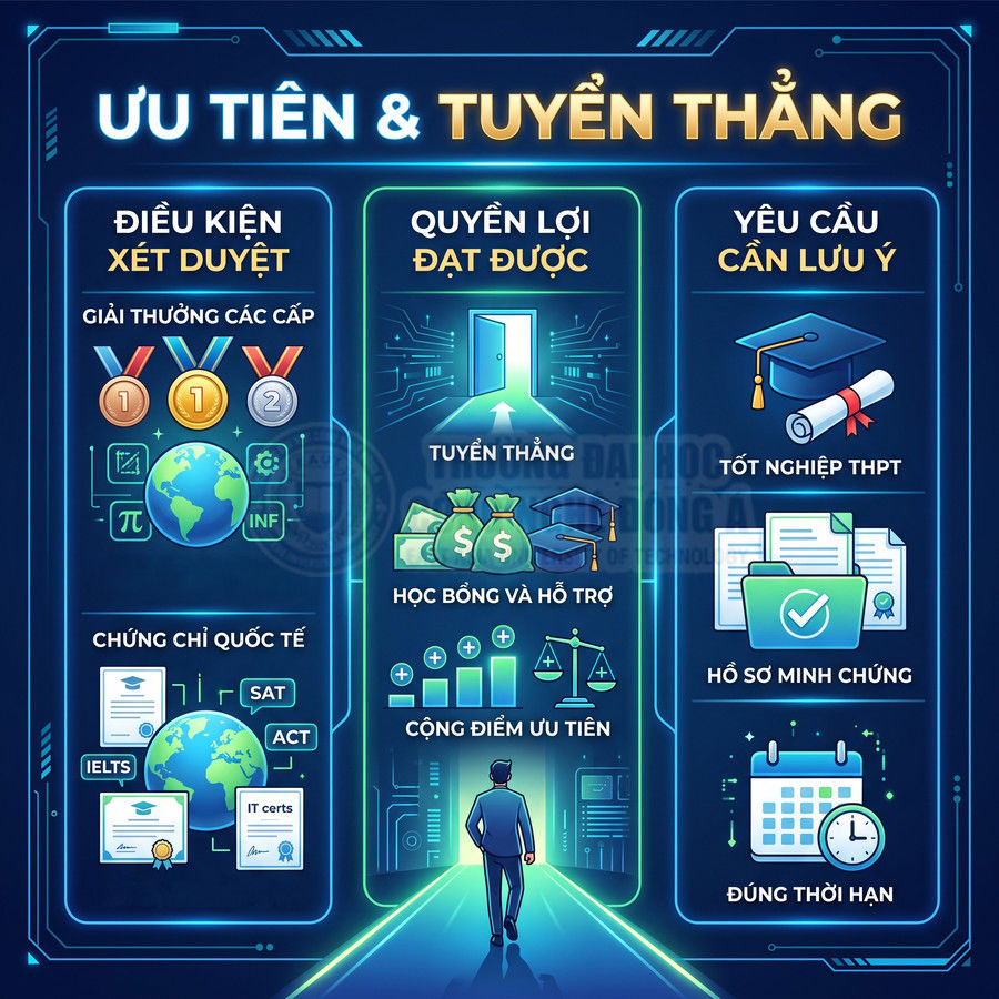 Infographic ưu tiên và tuyển thẳng đại học, điều kiện xét tuyển, quyền lợi học bổng và yêu cầu hồ sơ thí sinh