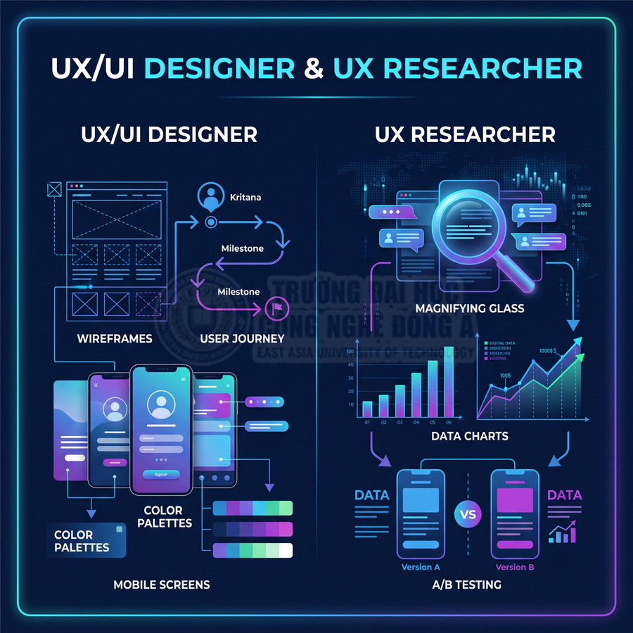 Minh họa quy trình UX UI designer và UX researcher với wireframe, mobile app, biểu đồ dữ liệu và kiểm thử AB