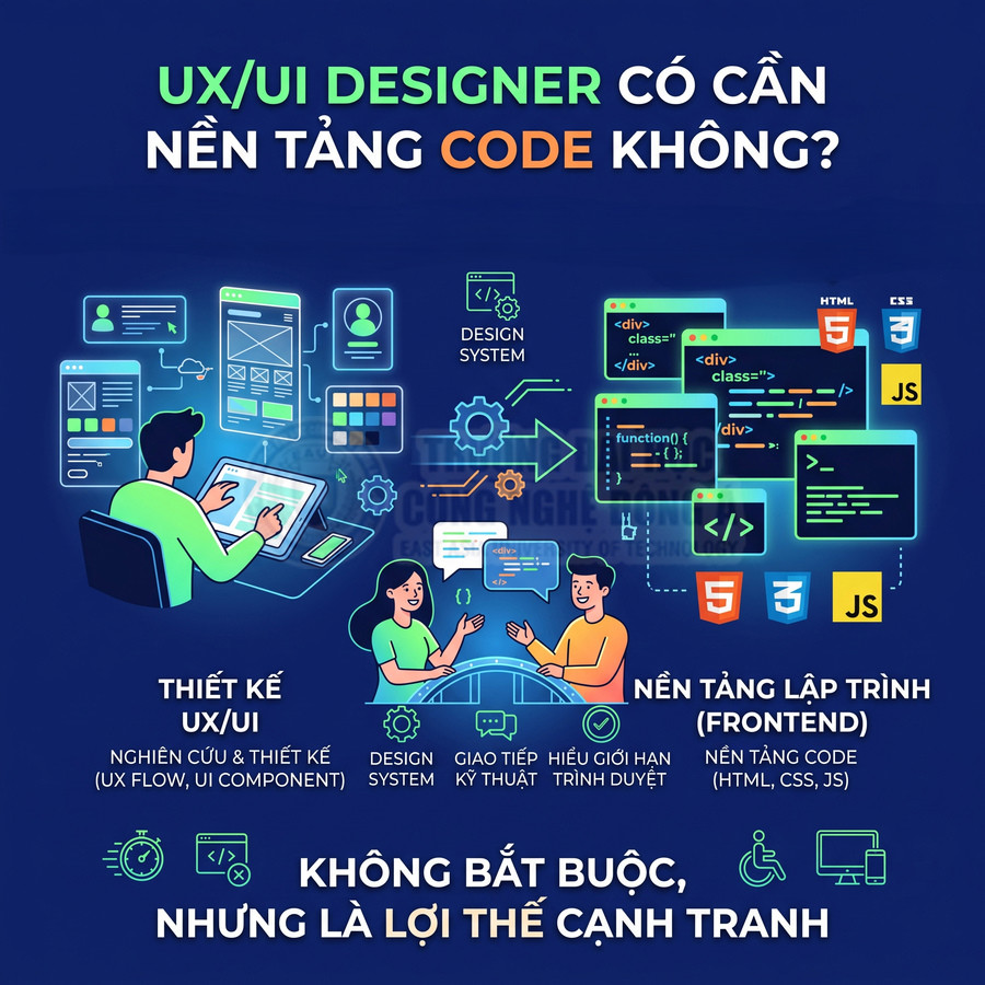 Minh họa UX UI designer học nền tảng lập trình frontend với HTML CSS JavaScript để tăng lợi thế cạnh tranh