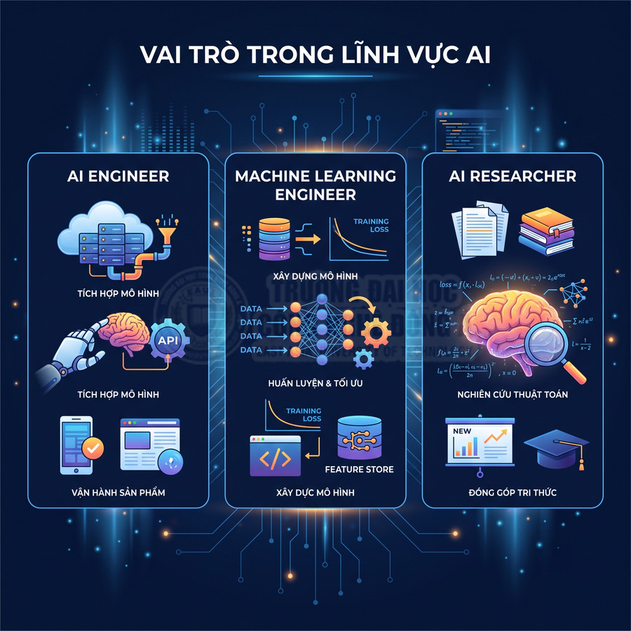Infographic mô tả vai trò AI Engineer, Machine Learning Engineer và AI Researcher trong lĩnh vực trí tuệ nhân tạo