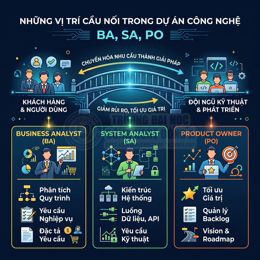 Infographic mô tả vai trò Business Analyst, System Analyst và Product Owner trong dự án công nghệ thông tin