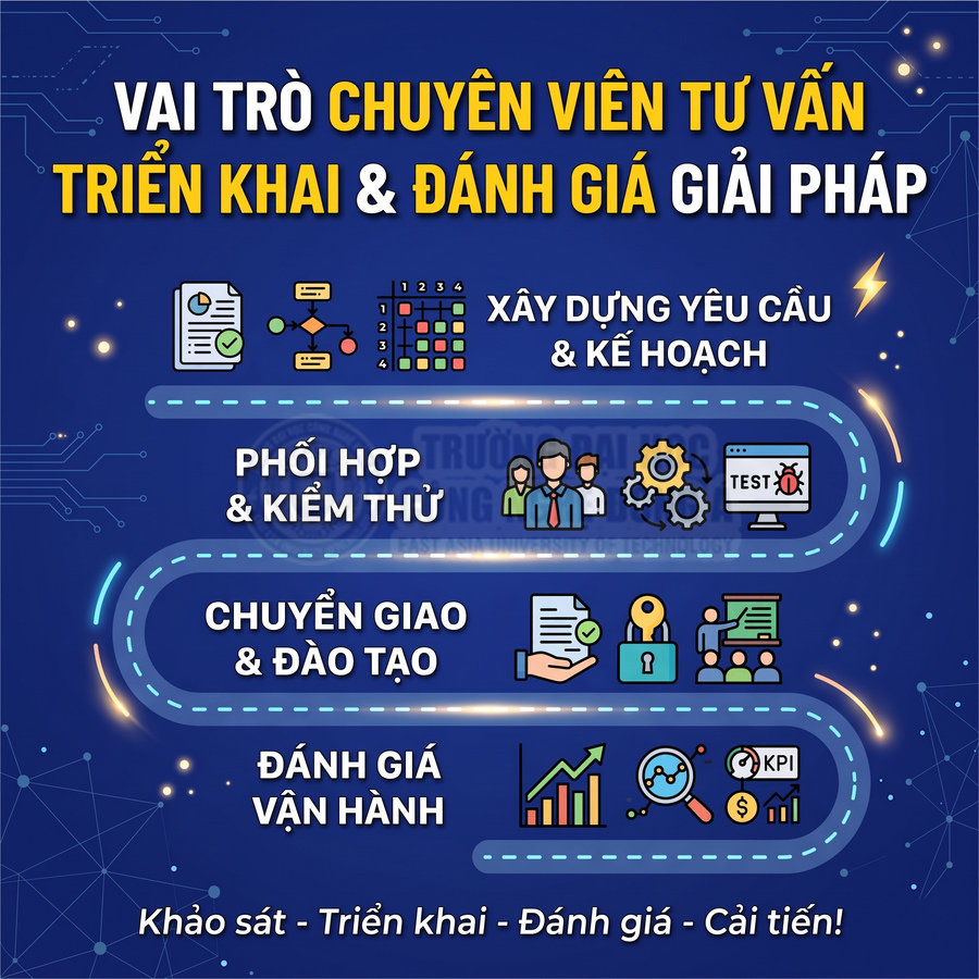 Vai trò chuyên viên tư vấn triển khai và đánh giá giải pháp qua các bước khảo sát, kiểm thử, đào tạo và cải tiến vận hành