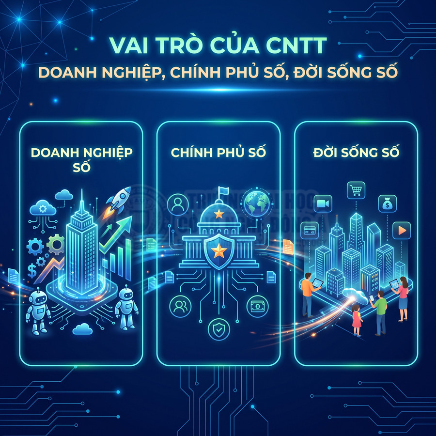 Vai trò của công nghệ thông tin trong doanh nghiệp số, chính phủ số và đời sống số với các biểu tượng minh họa