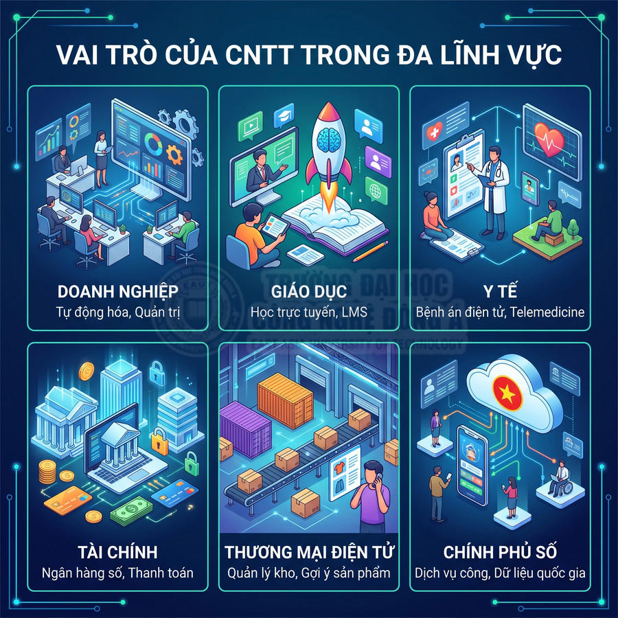 Vai trò của công nghệ thông tin trong doanh nghiệp, giáo dục, y tế, tài chính, thương mại điện tử và chính phủ số