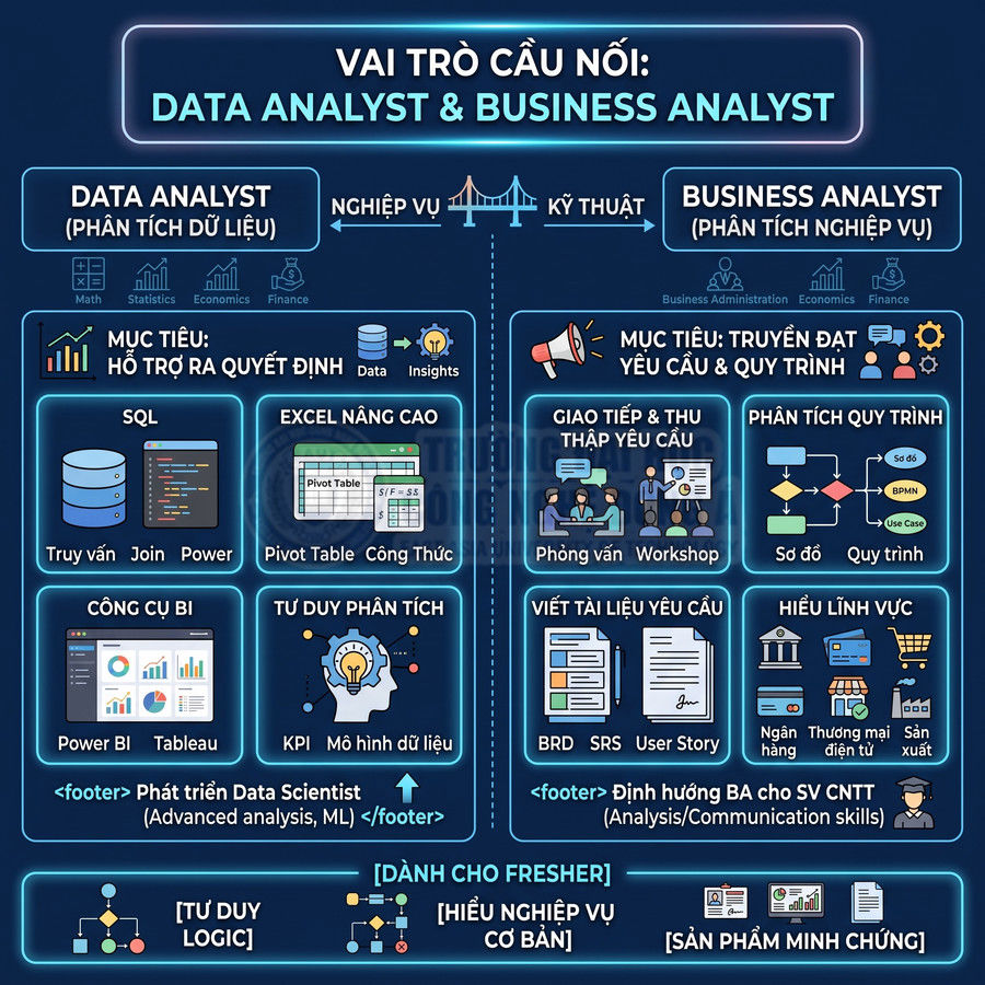 Infographic so sánh vai trò Data Analyst và Business Analyst, kỹ năng và mục tiêu công việc