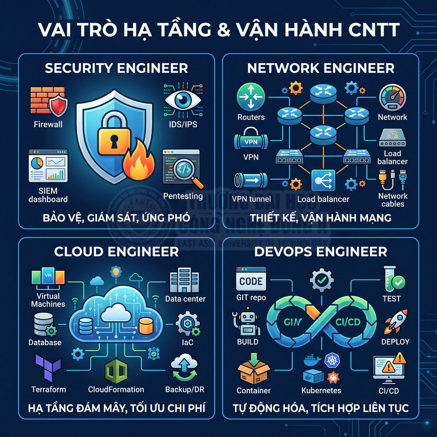 Infographic vai trò hạ tầng và vận hành CNTT cho Security, Network, Cloud và DevOps Engineer