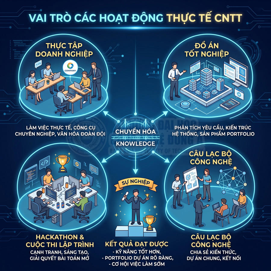 Infographic vai trò các hoạt động thực tế CNTT như thực tập, đồ án, câu lạc bộ, hackathon và kết quả sự nghiệp