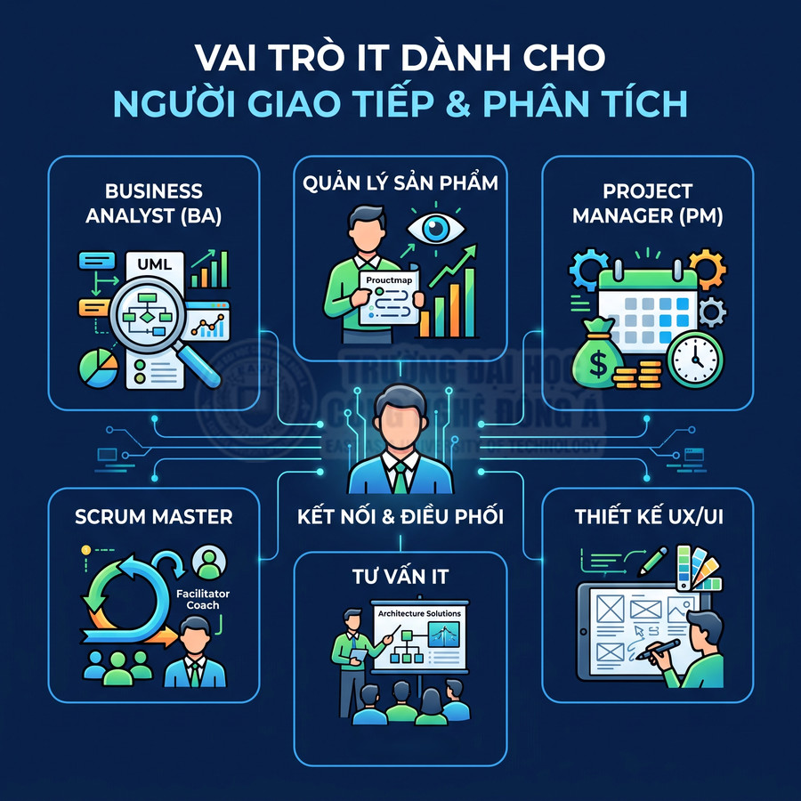 Các vị trí IT cho người giỏi giao tiếp và phân tích như BA, PM, Scrum Master, tư vấn IT, thiết kế UX UI