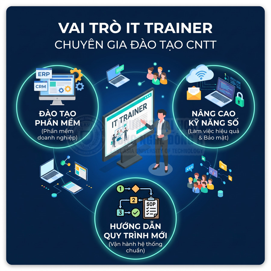 Vai trò IT Trainer trong đào tạo CNTT gồm đào tạo phần mềm, nâng cao kỹ năng số và hướng dẫn quy trình vận hành mới