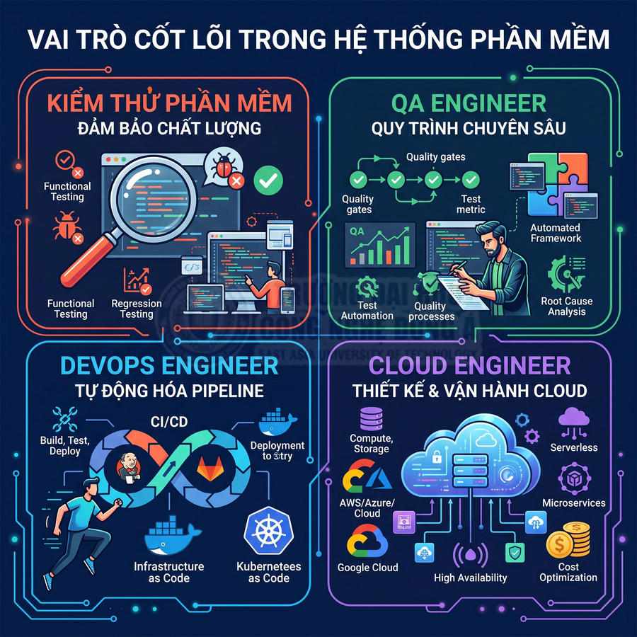 Infographic mô tả vai trò kiểm thử phần mềm, QA, DevOps engineer và Cloud engineer trong hệ thống phần mềm