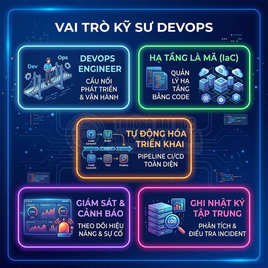 Infographic vai trò kỹ sư DevOps với DevOps engineer, hạ tầng là mã, tự động hóa CI CD, giám sát cảnh báo và ghi nhật ký tập trung