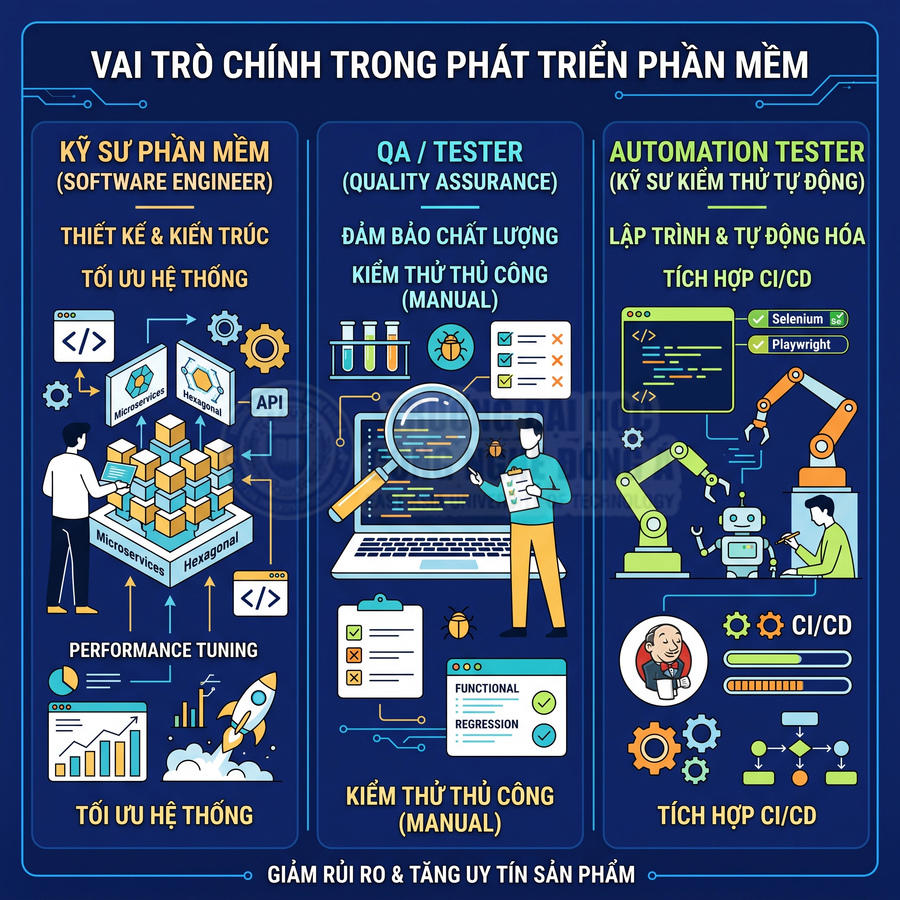Infographic mô tả vai trò kỹ sư phần mềm, QA tester và automation tester trong phát triển phần mềm
