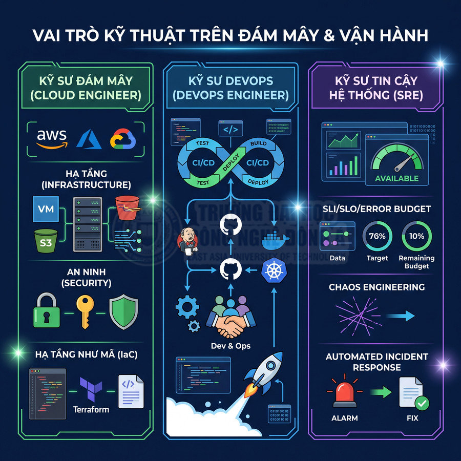 Infographic vai trò kỹ sư cloud, DevOps, SRE với hạ tầng AWS Azure Google Cloud và quy trình CI CD, SLI SLO