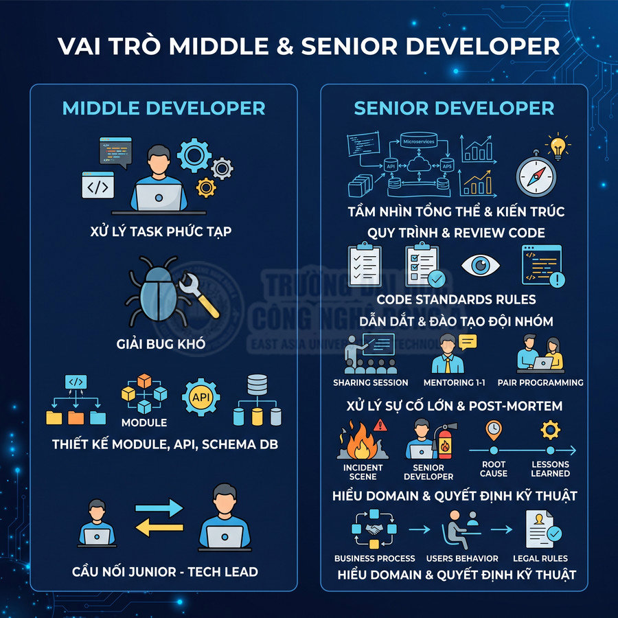 Infographic so sánh vai trò middle developer và senior developer trong quy trình phát triển phần mềm