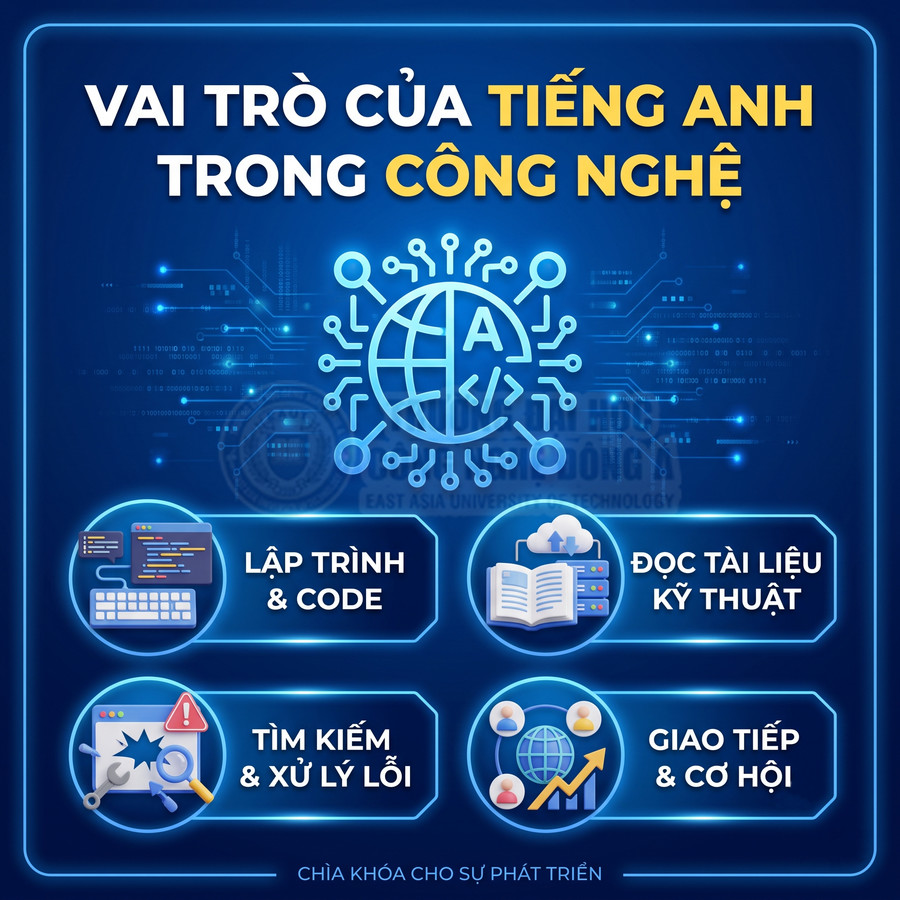 Vai trò của tiếng Anh trong công nghệ gồm lập trình, đọc tài liệu kỹ thuật, tìm lỗi, giao tiếp và cơ hội phát triển