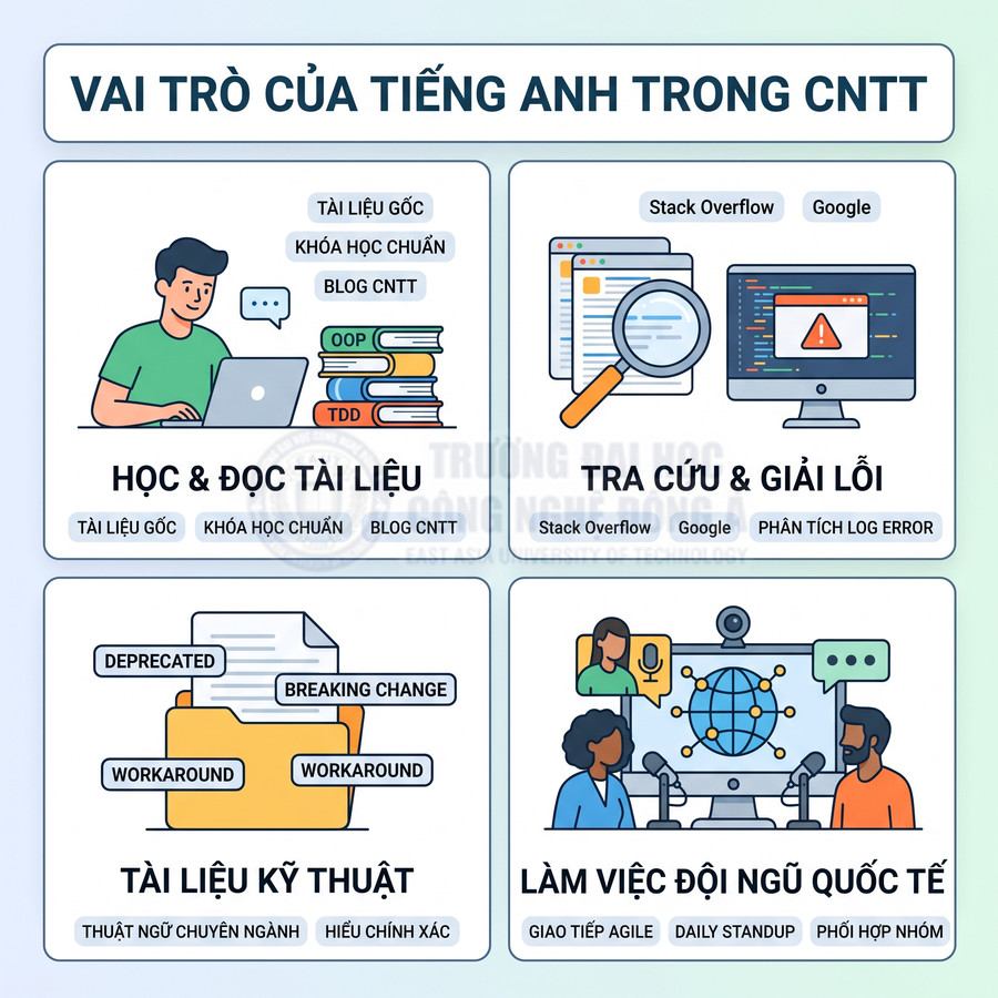 Vai trò của tiếng Anh trong CNTT qua minh họa học tài liệu, tra cứu lỗi, đọc tài liệu kỹ thuật và làm việc nhóm quốc tế