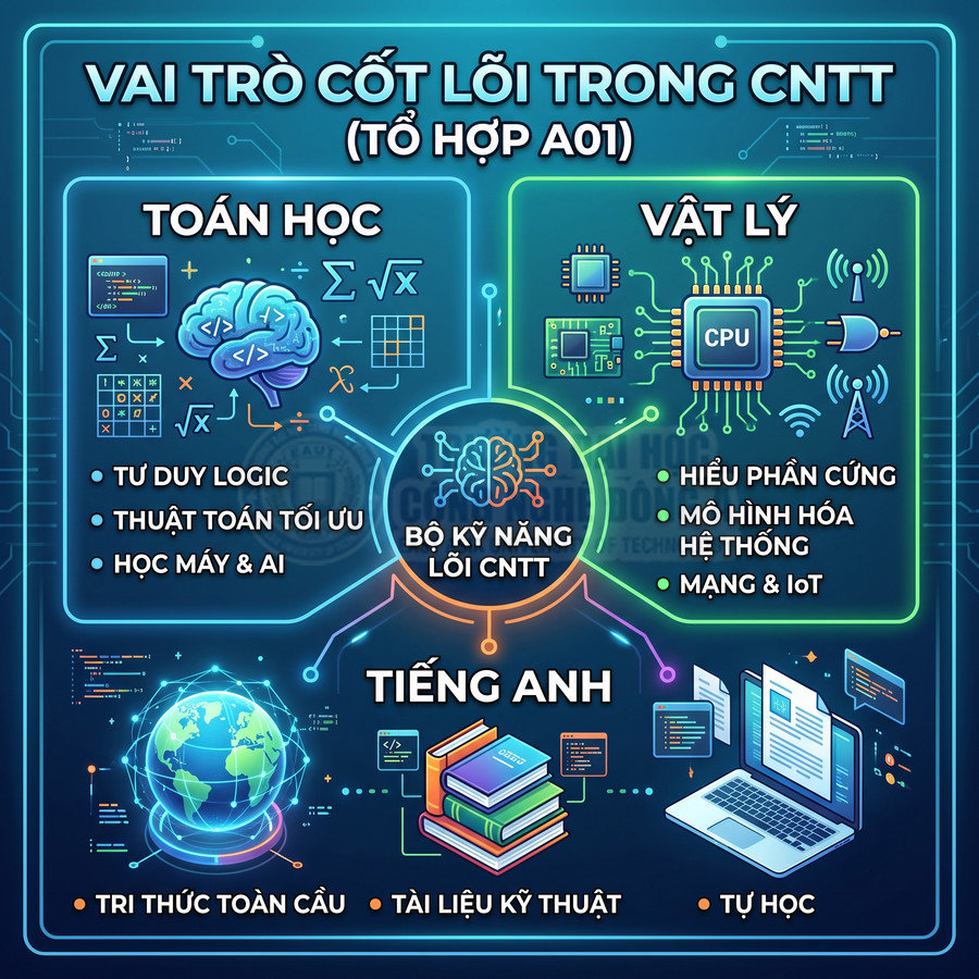 Infographic vai trò Toán học Vật lý Tiếng Anh trong bộ kỹ năng cốt lõi ngành công nghệ thông tin A01
