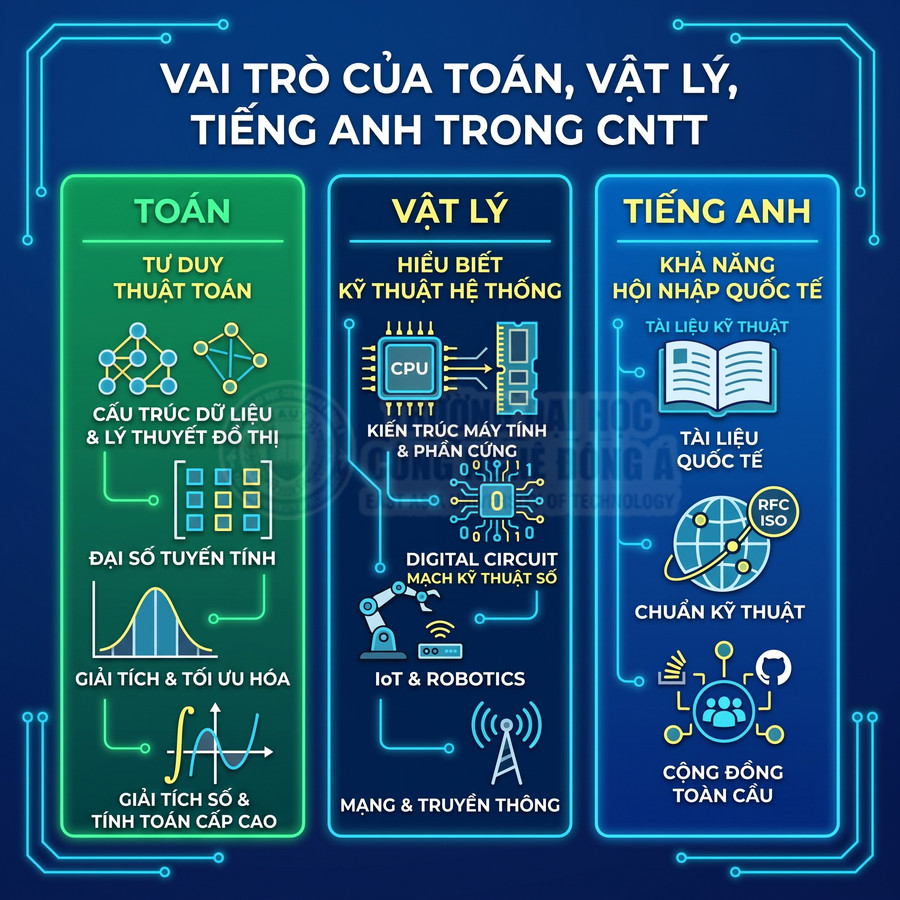 Infographic vai trò của toán, vật lý, tiếng Anh trong công nghệ thông tin với các kỹ năng và ứng dụng minh họa