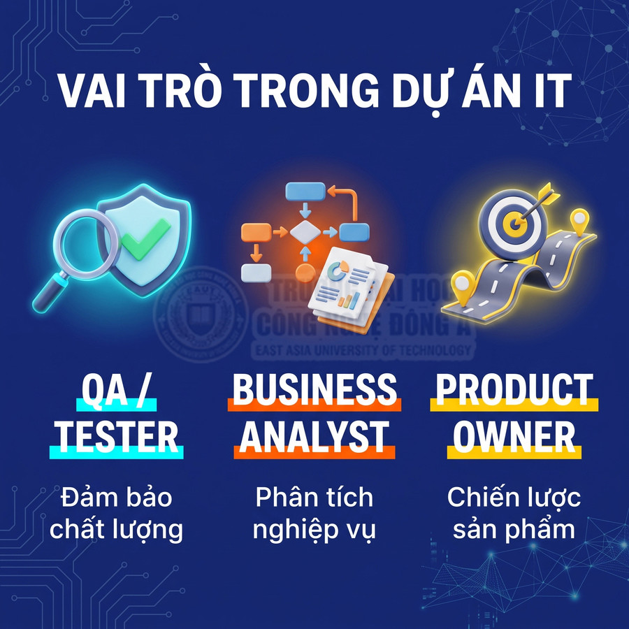 Vai trò QA Tester Business Analyst Product Owner trong dự án IT với biểu tượng minh họa trực quan