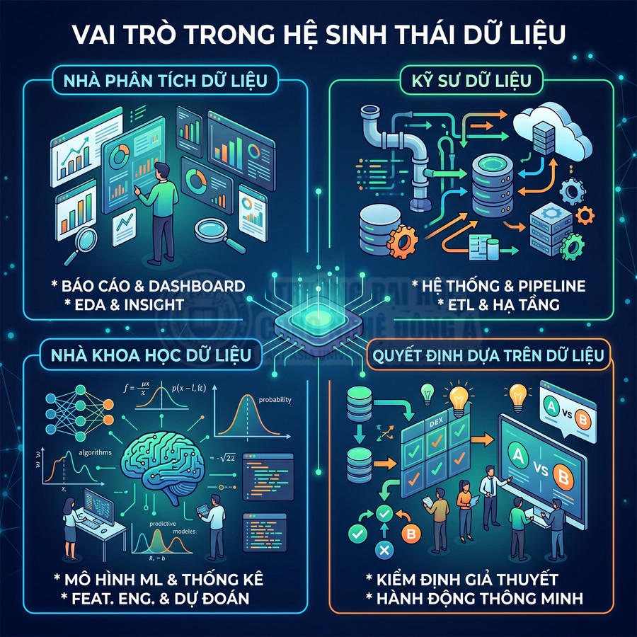 Infographic minh họa vai trò nhà phân tích, kỹ sư, nhà khoa học dữ liệu và ra quyết định trong hệ sinh thái dữ liệu
