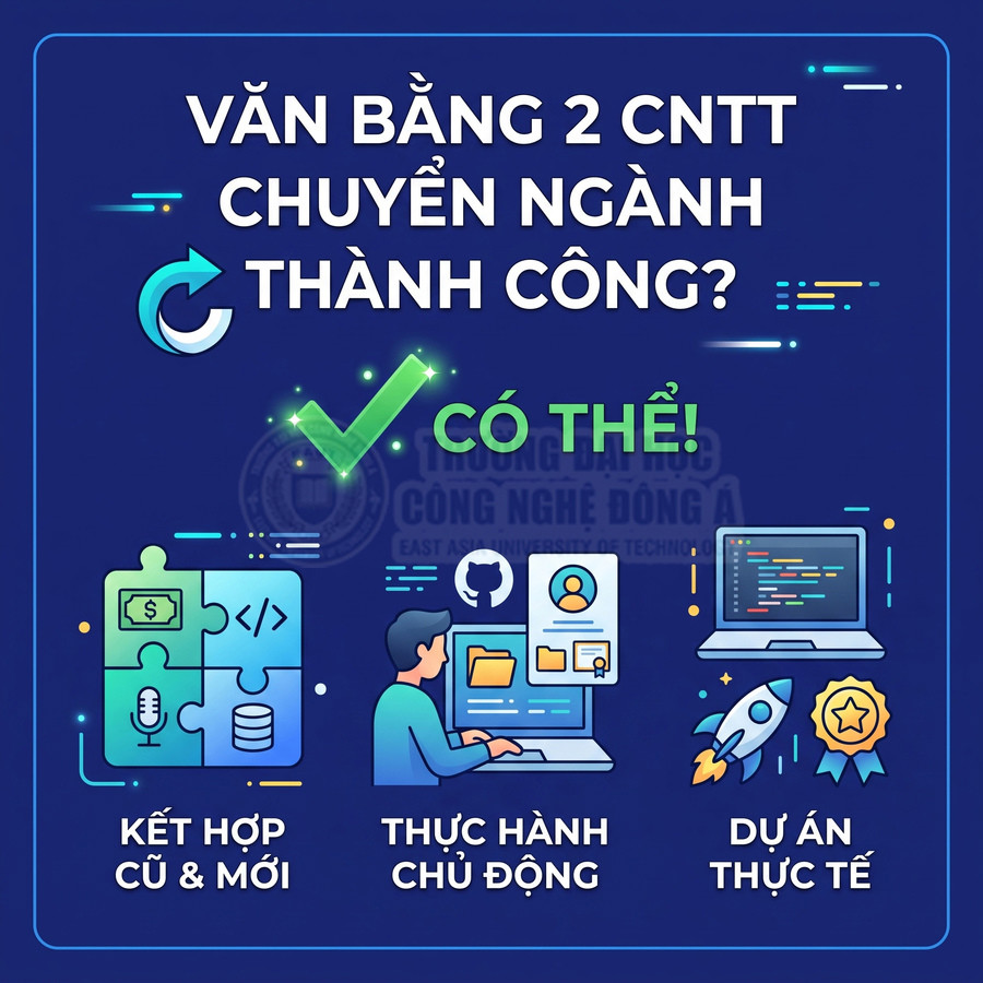 Poster tuyển sinh văn bằng 2 CNTT với thông điệp chuyển ngành thành công, nhấn mạnh thực hành và dự án thực tế