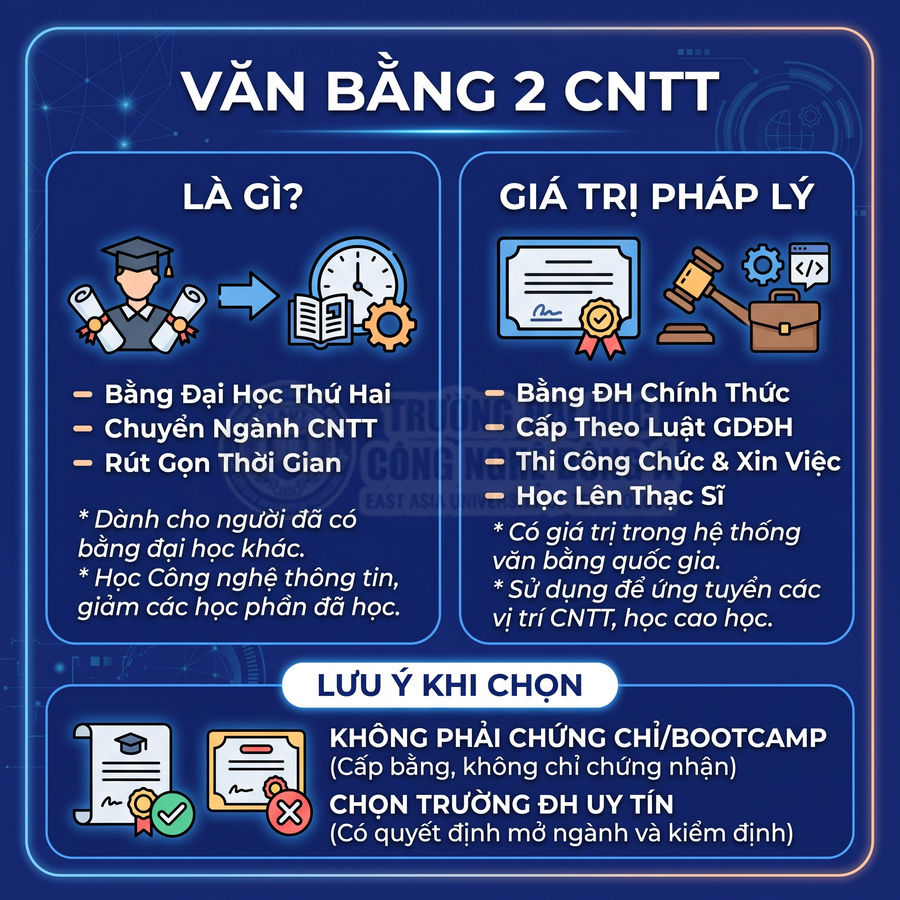 Infographic giới thiệu chương trình văn bằng 2 công nghệ thông tin, giá trị pháp lý và lưu ý khi chọn trường