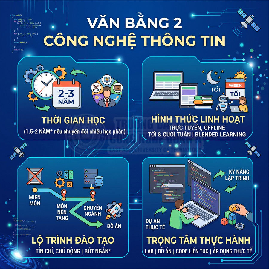 Infographic giới thiệu chương trình văn bằng 2 công nghệ thông tin với thời gian học, lộ trình, hình thức và trọng tâm thực hành