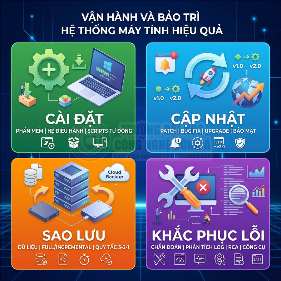 Minh họa quy trình vận hành và bảo trì hệ thống máy tính gồm cài đặt, cập nhật, sao lưu và khắc phục lỗi