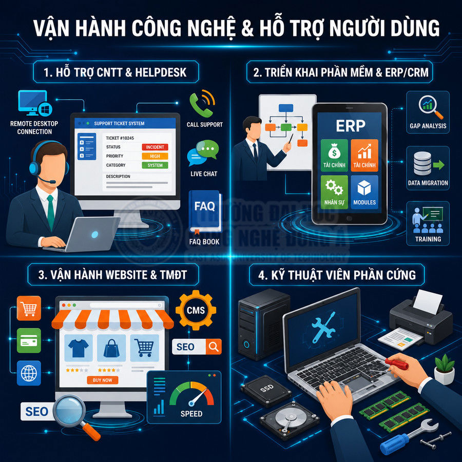 Dịch vụ vận hành công nghệ thông tin gồm helpdesk, triển khai ERP CRM, quản trị website TMĐT và kỹ thuật viên phần cứng